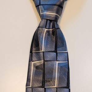 Marco Biella Silk Tie Blue Silver Geometric Abstract Modernist Wide 4" Vintage